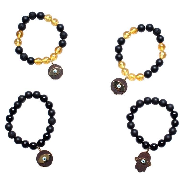 Matte and Shiny Onyx, 14k Gold, Ebony Evil Eye Beaded Bracelet