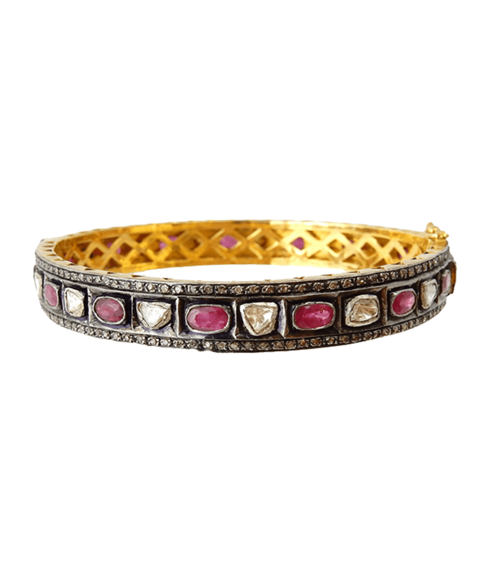Rosecut Diamond and Rubies on Silver Bangle