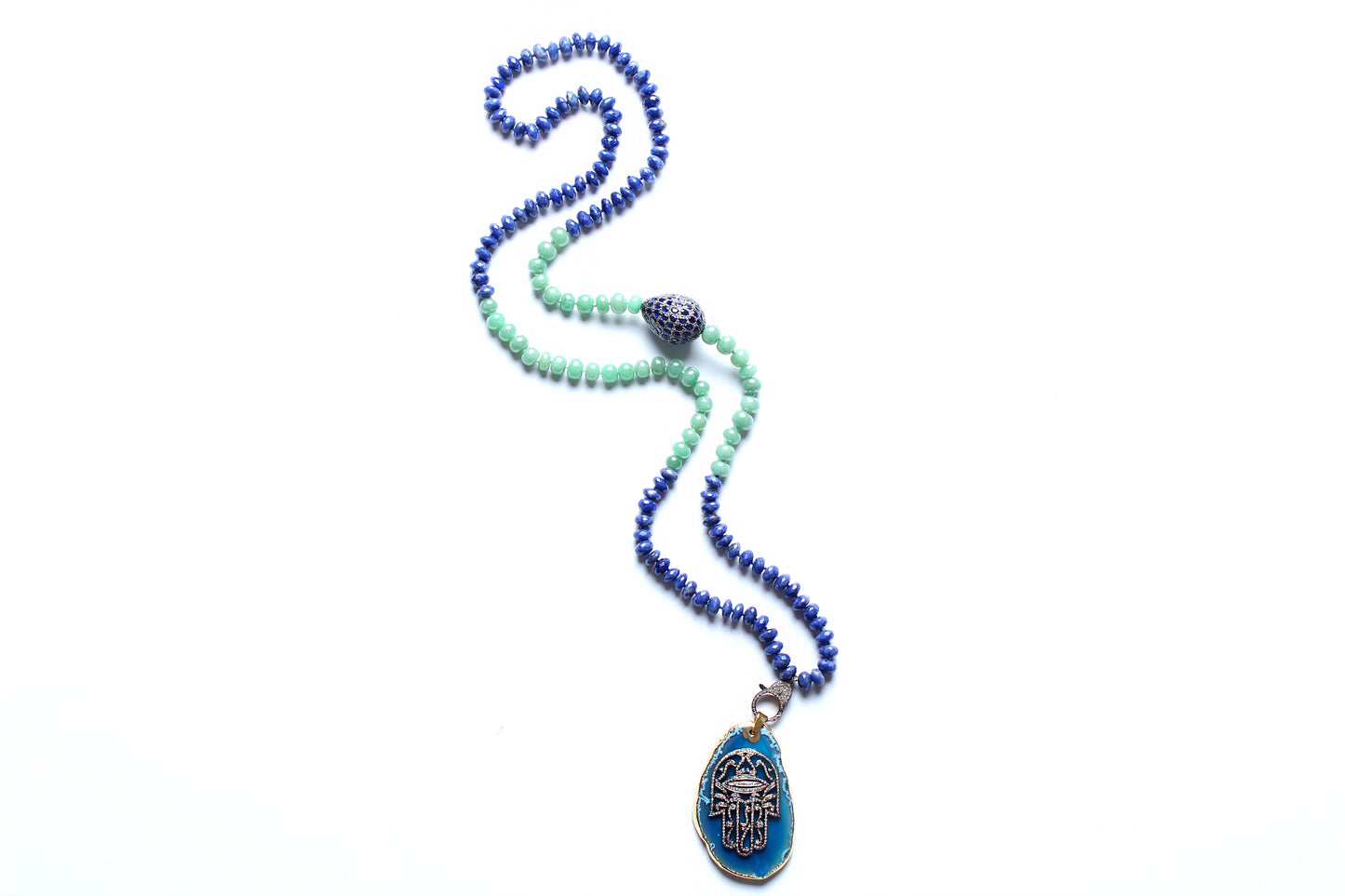 Lapis Lazuli Agate Sapphire Diamond Hamsa Hand Pendant Beaded Necklace