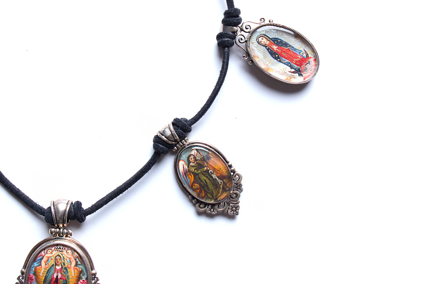 Black Suede 925 Sterling Silver Diamond Saint Multi Charm Necklace