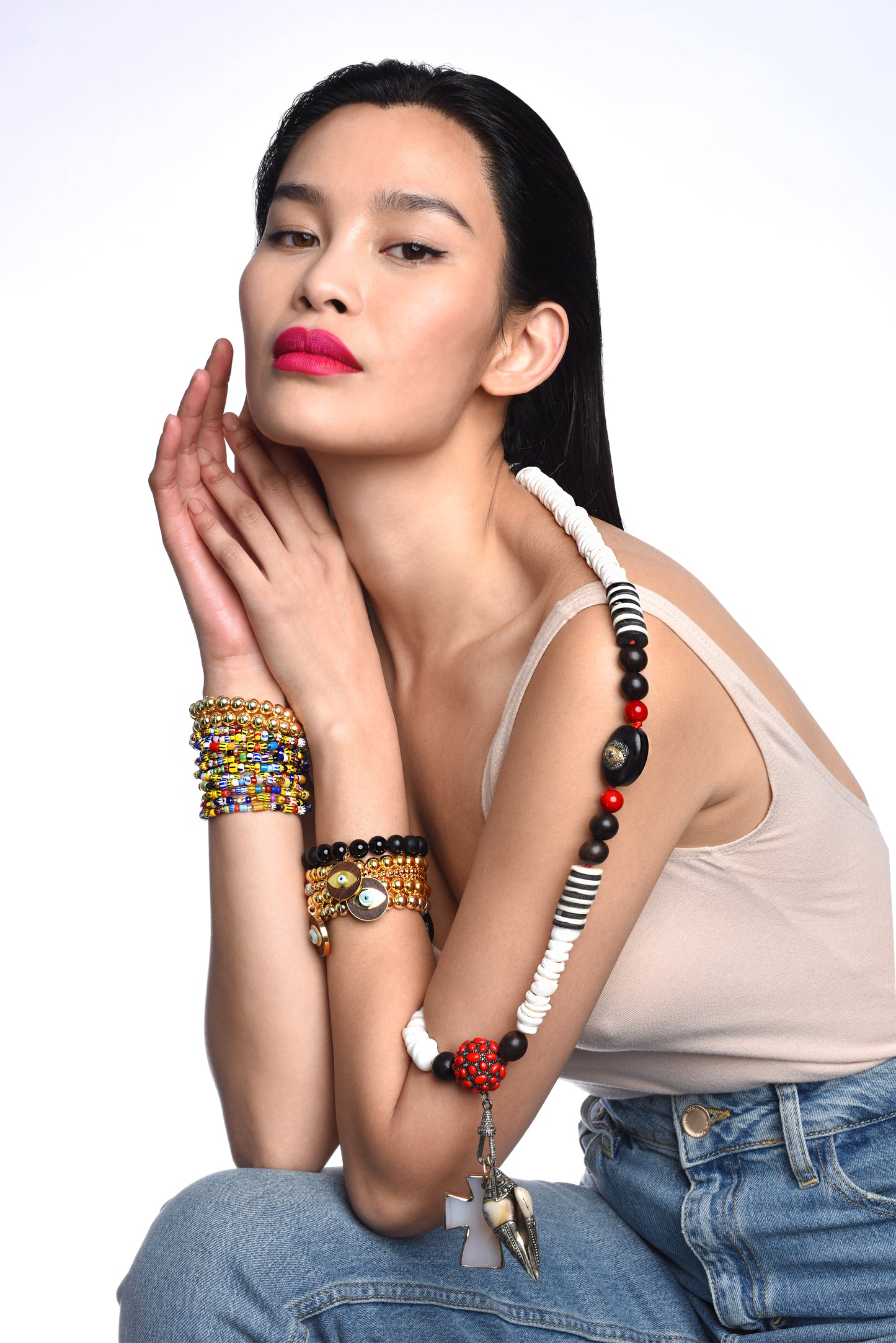 Ebony Sapphire Diamond Cinnabar Shell Cross Beaded Neclace