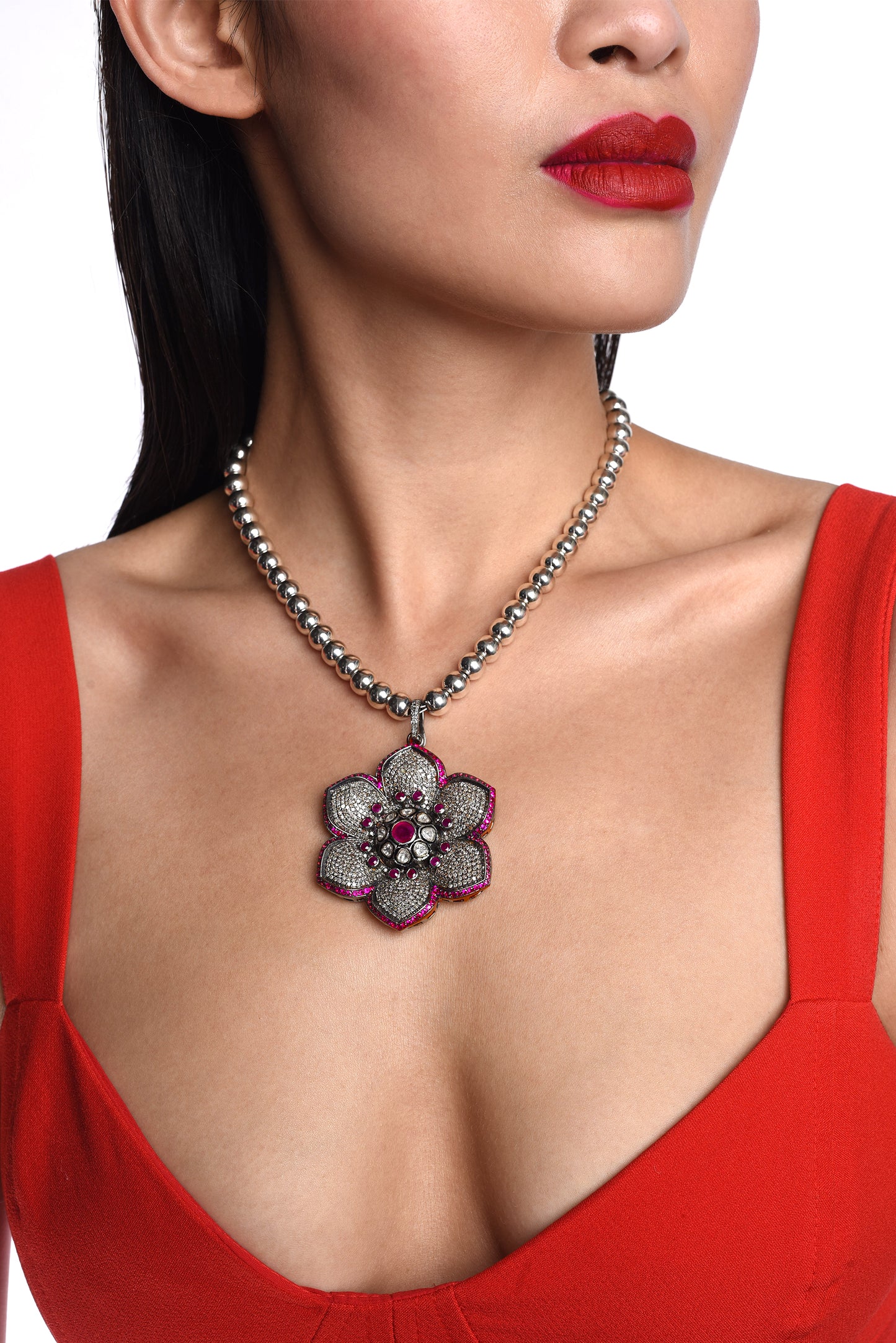 Ruby Diamond Rose Cut Diamond Flower on Silver Ball Bead Chain