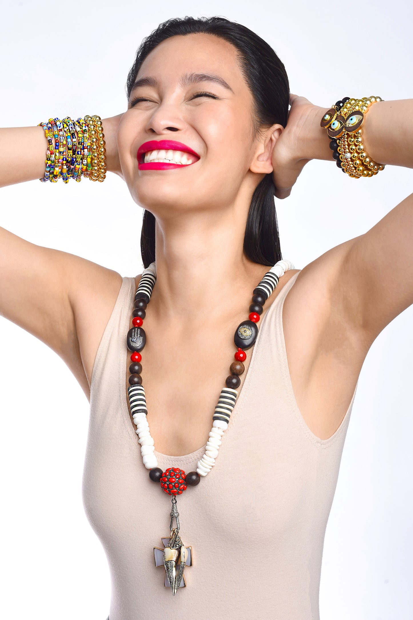 Ebony Sapphire Diamond Cinnabar Shell Cross Beaded Neclace