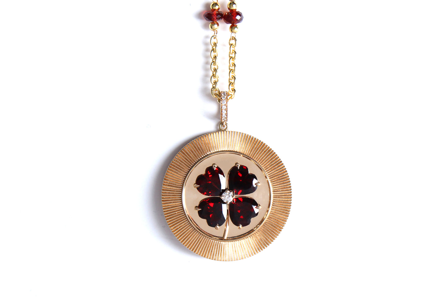 Signature Garnet Clover Diamond 14k SolidGold Medallion Pendant Necklace