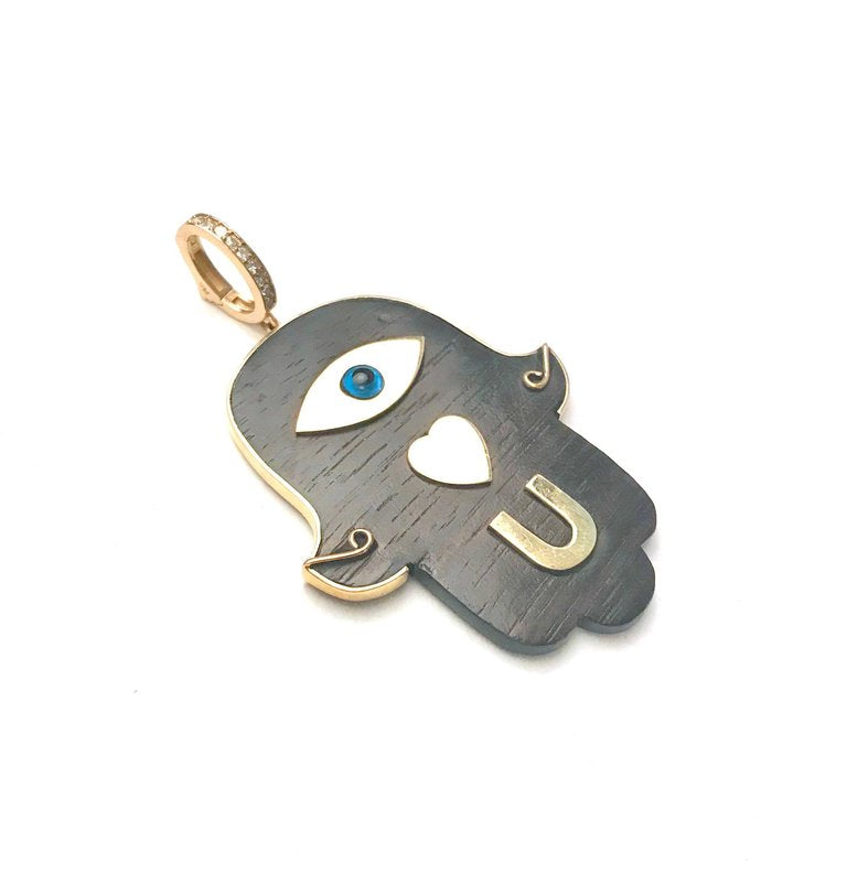 Eye Love U Hamsa Hand Ebony Pendant