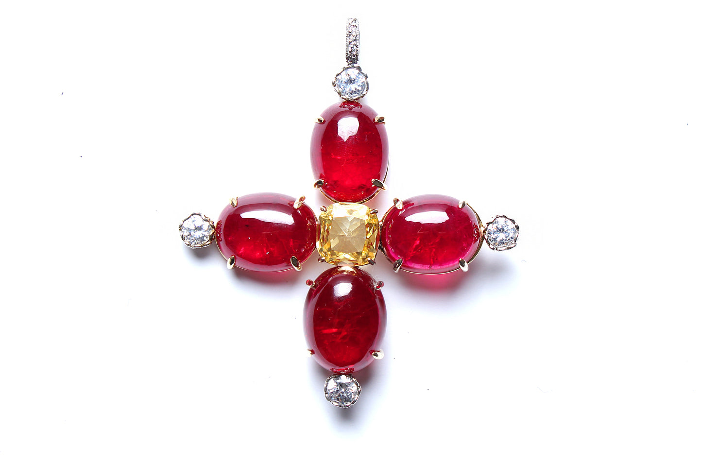 Black Agate 14kgold Ruby Citrine Diamond 4 Leaf Flower Pendant Rosary