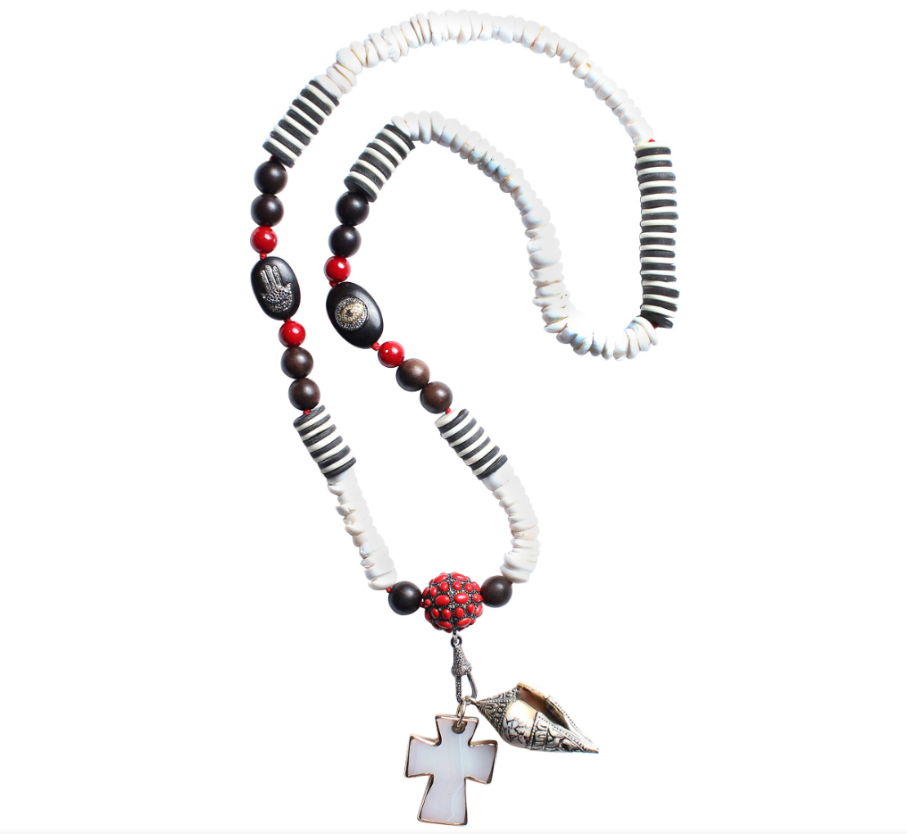 Ebony Sapphire Diamond Cinnabar Shell Cross Beaded Neclace