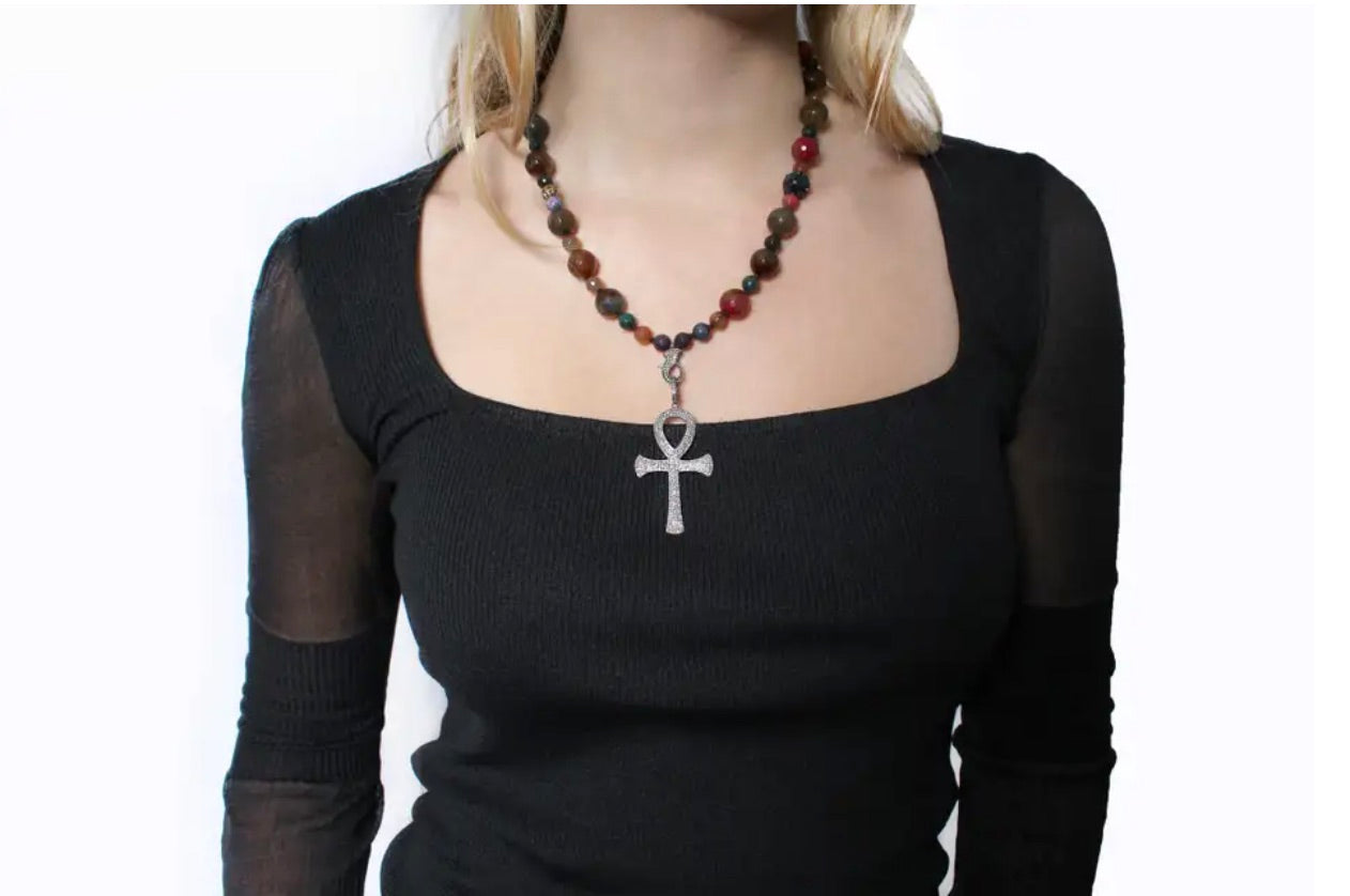 Multi Agate Diamond Sapphire Enamel Ruby Circular Symbol Pendant Beaded Necklace