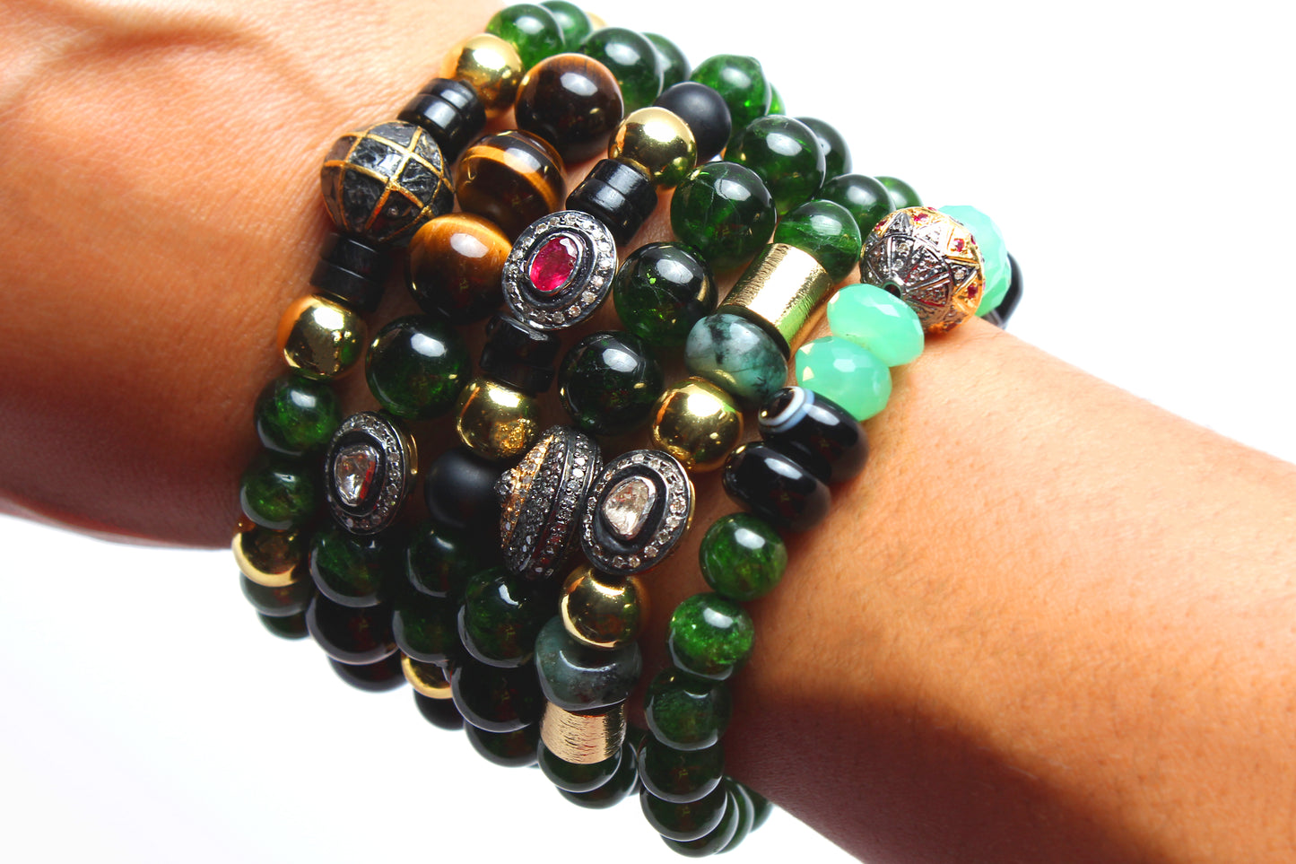 Diamond Ruby Gold Onyx Emerald Agate Beaded Bracelet Lot of 6