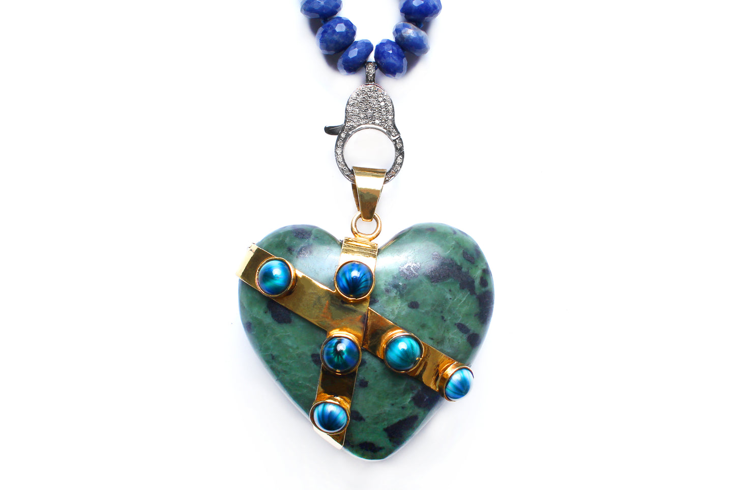Lapis, Jade, Sapphire, Diamond, 14k Gold Locked Heart Necklace