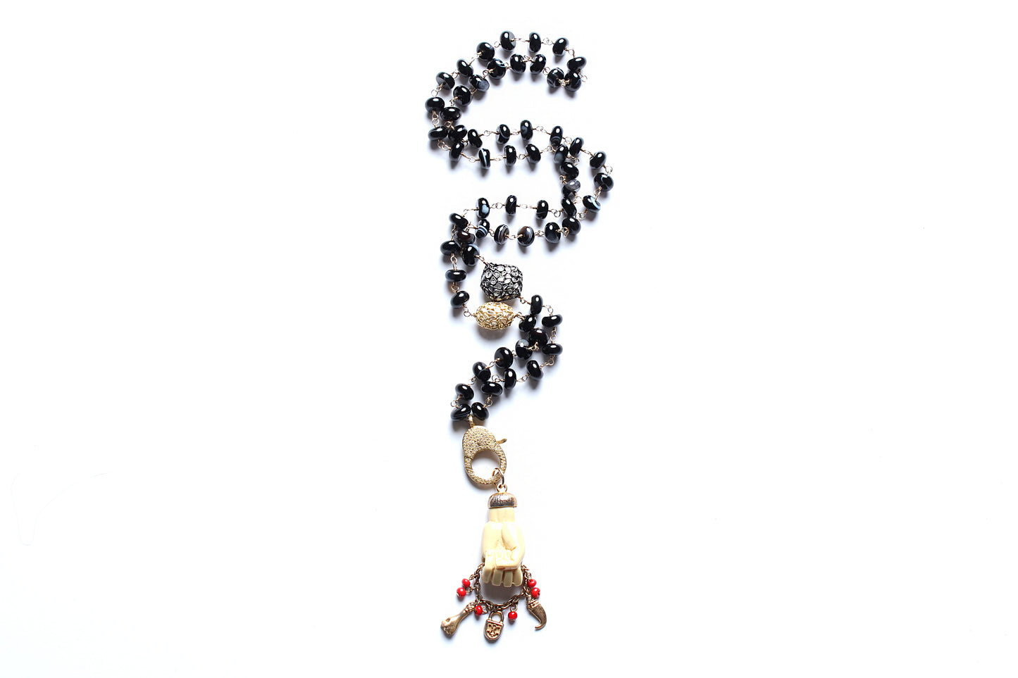 Smoky Black Agate 14k Diamond Enamel Figo Mano Pendant Rosary Necklace