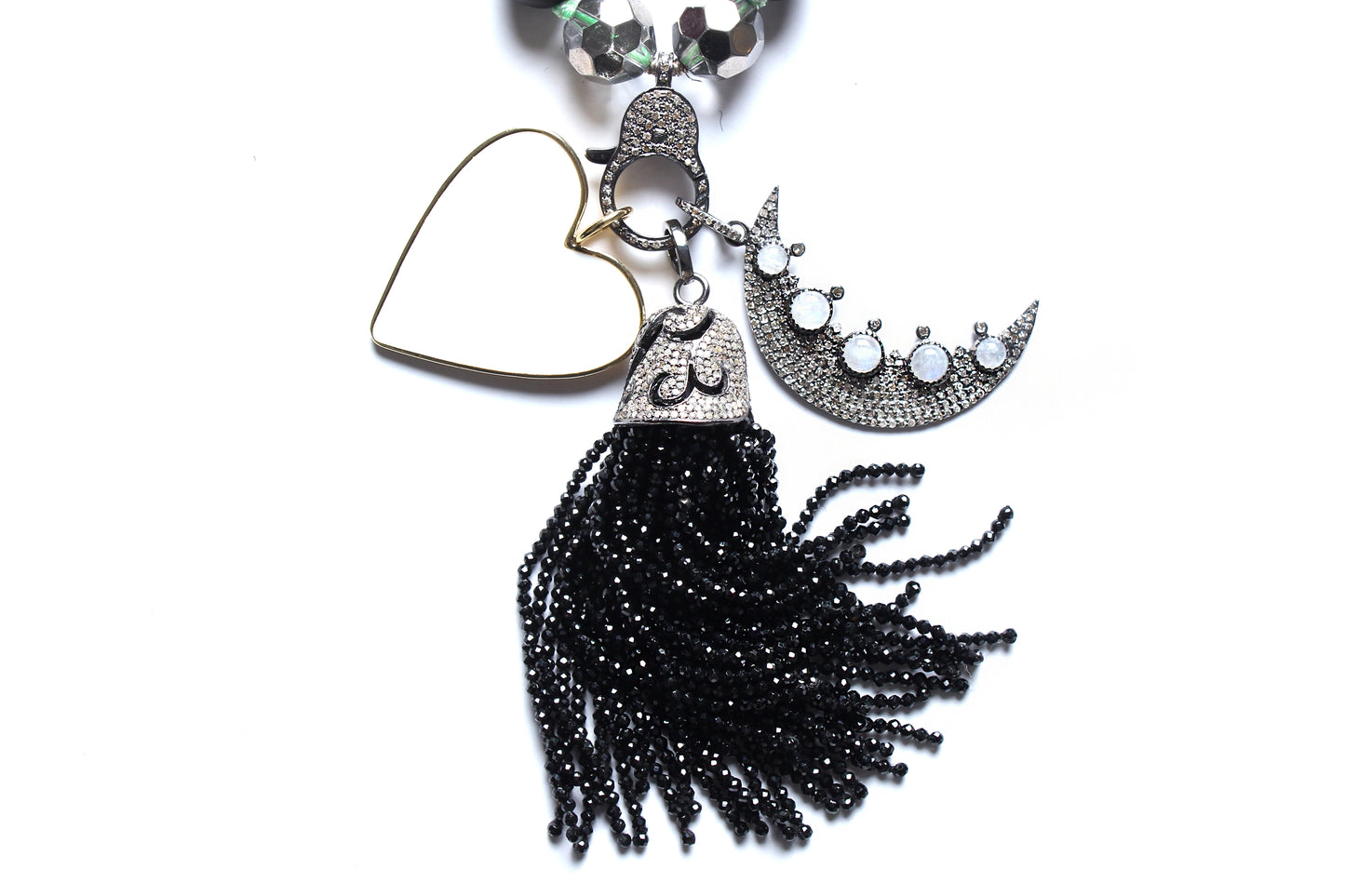 Onyx Crystal Green Thread Crescent Diamond Moonstone Onyx Diamond Tassel Enamel Heart Necklace