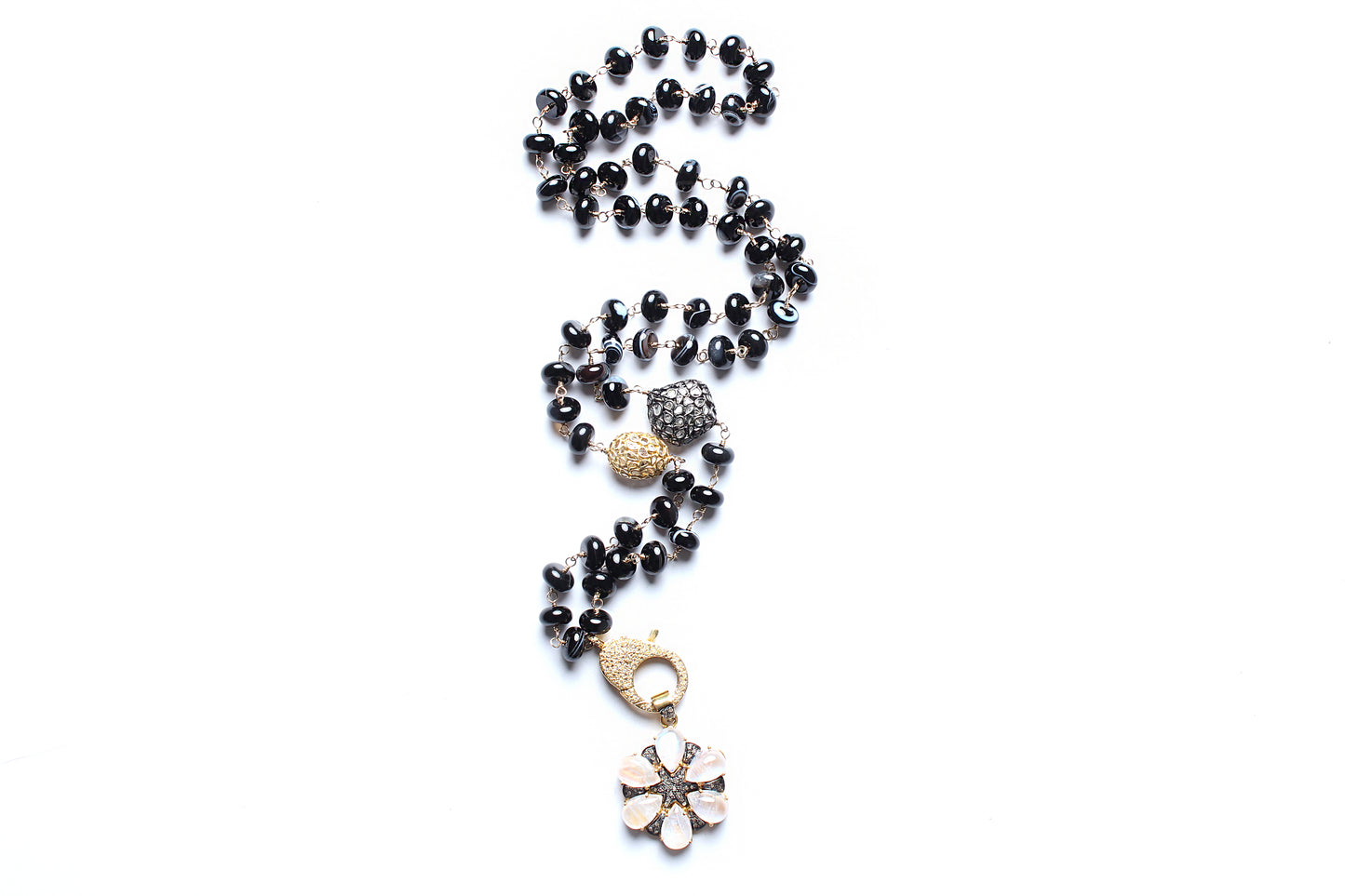 14k Gold Smoky Black Agate Sapphire Diamond Rainbow Moonstone Flower Pendant Rosary Necklace