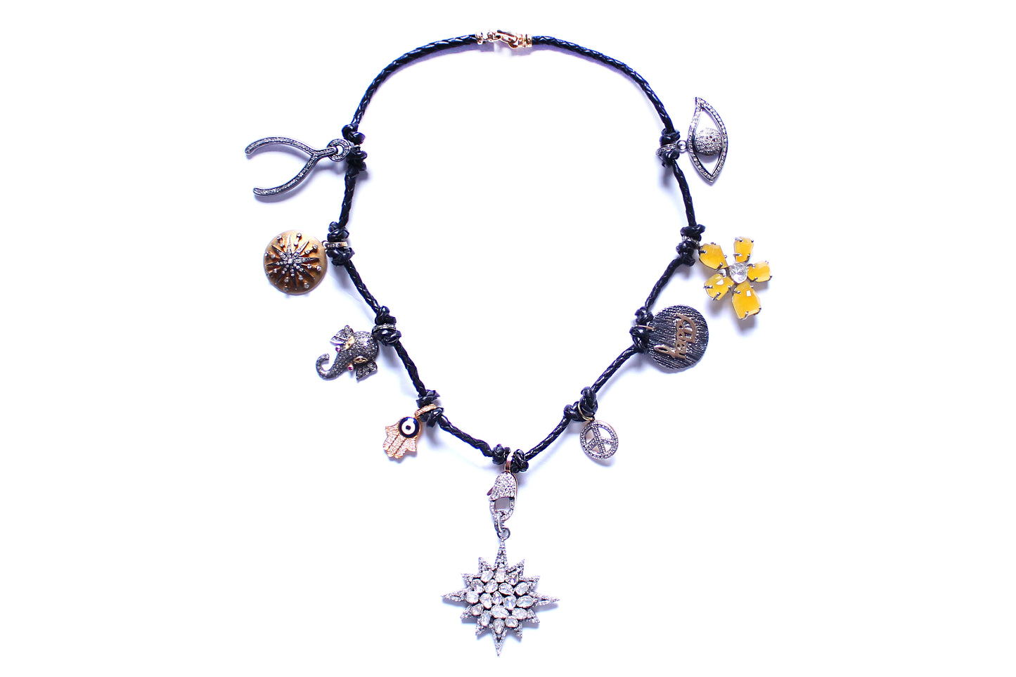 Black Leather Multi Charm Necklace with Diamond Starburst Pendant