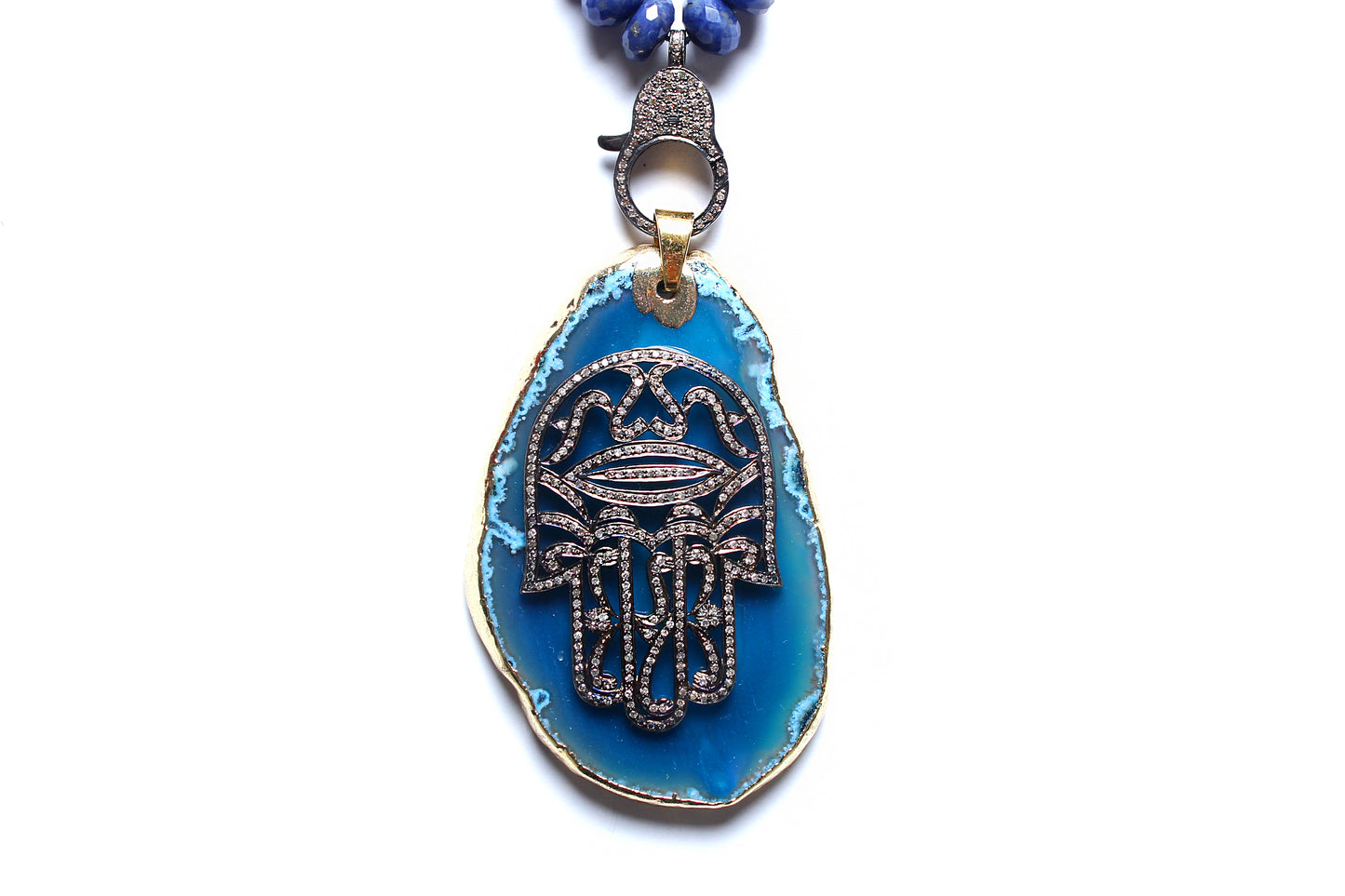 Aquamarine Emerald Tanzanite Chalcedony Diamond Agate Hamsa Hand Pendant Rosary
