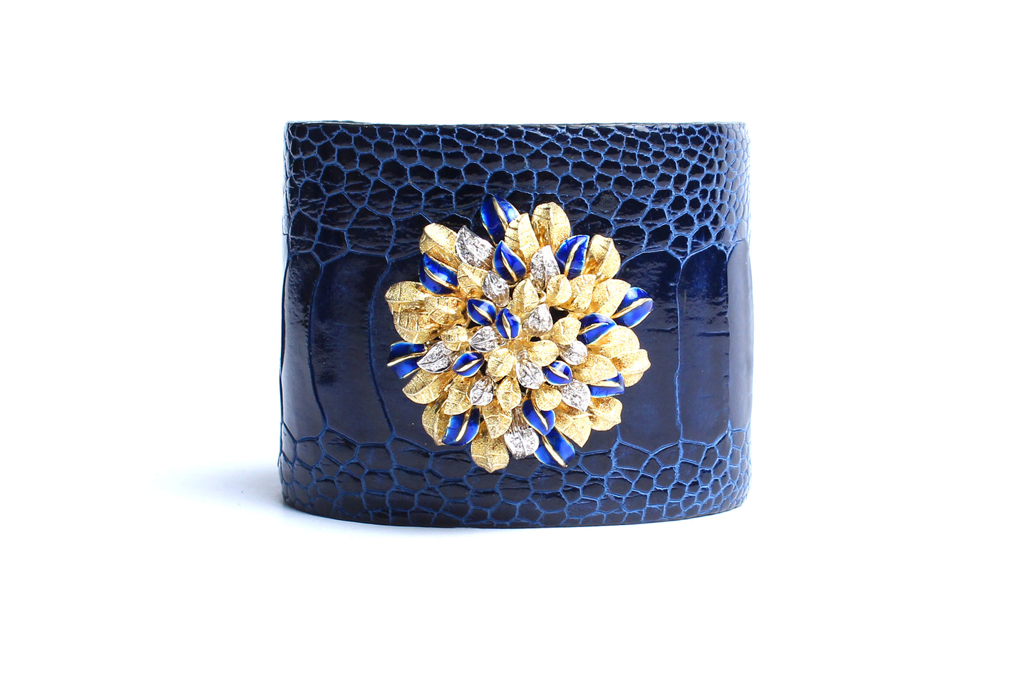 Blue Crocodile 14 Karat Gold Enamel Flower Bush Cuff Bracelet