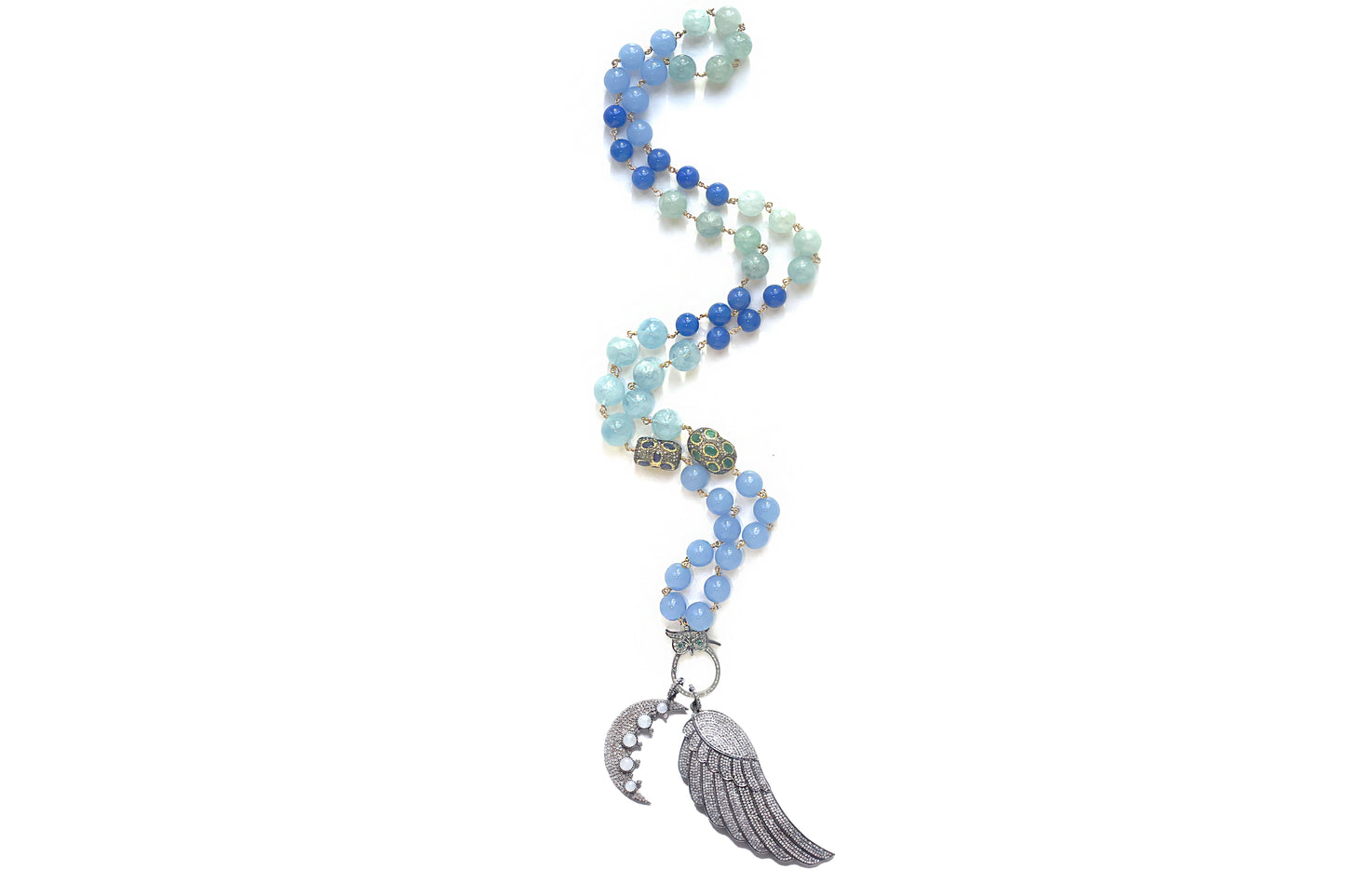 Aquamarine Diamond Moonstone Emerald Tanzanite Angel Wing Crescent Moon Pendant Rosary Necklace