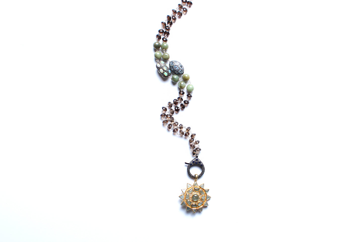 Smoky Brown Quartz Diamond Opal Aquamarine Topaz 14k Gold Rosary Necklace