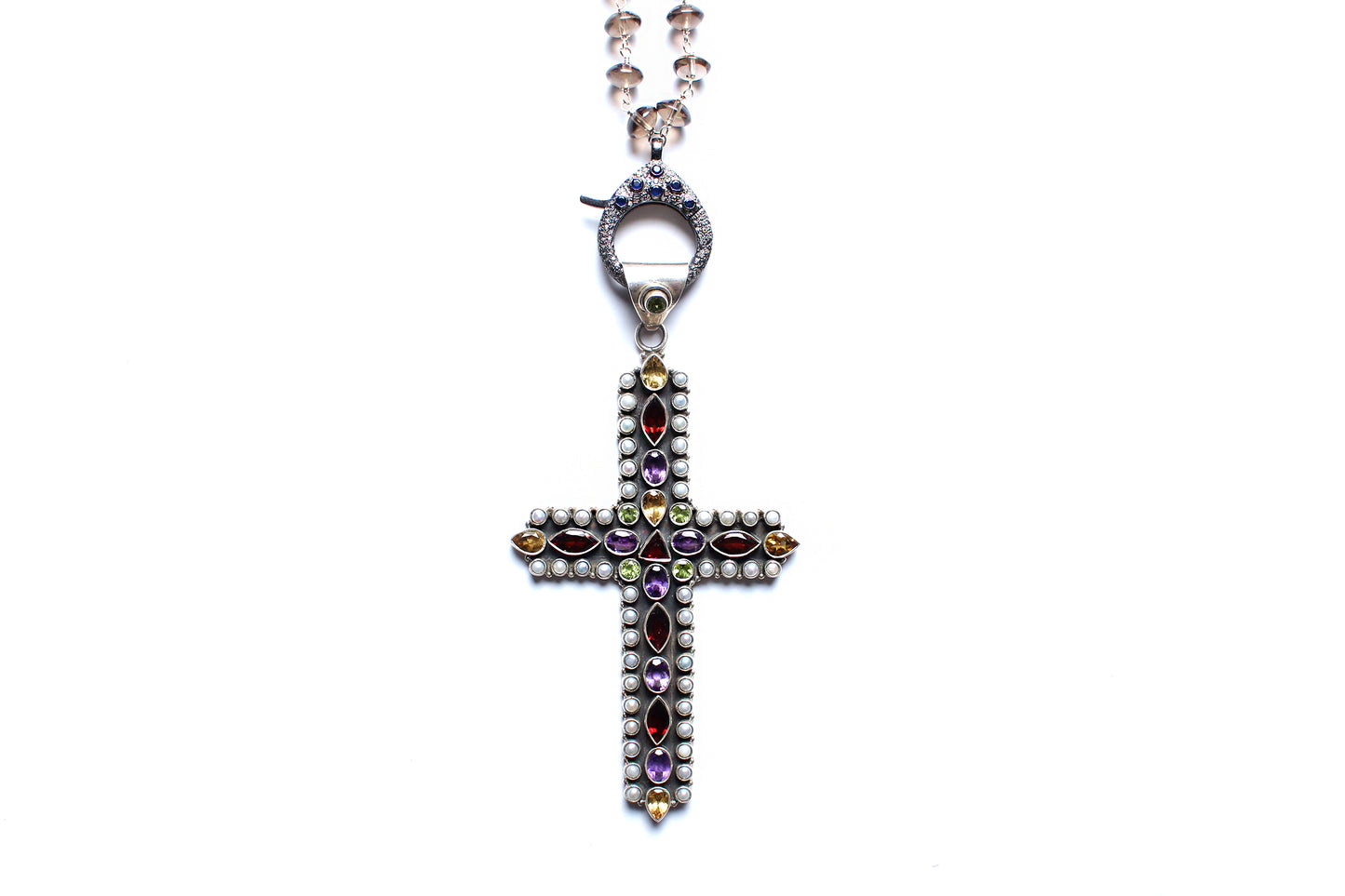 Smoky Brown Quartz Opal Topaz Diamond Peridot Garnet Cross Pendant Rosary Necklace