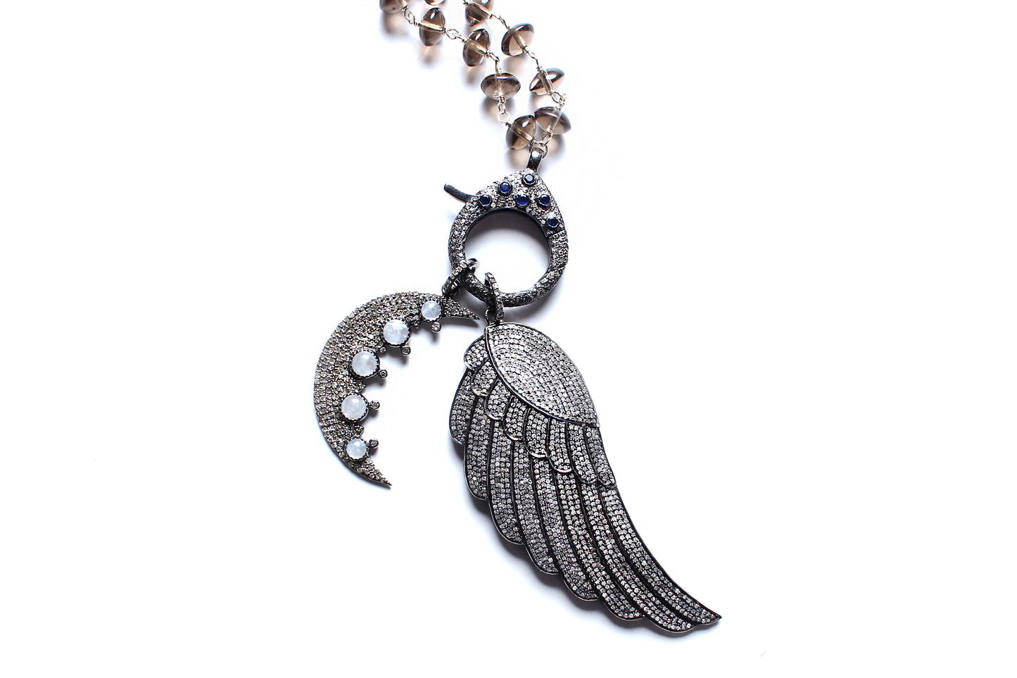 Aquamarine Diamond Moonstone Emerald Tanzanite Angel Wing Crescent Moon Pendant Rosary Necklace
