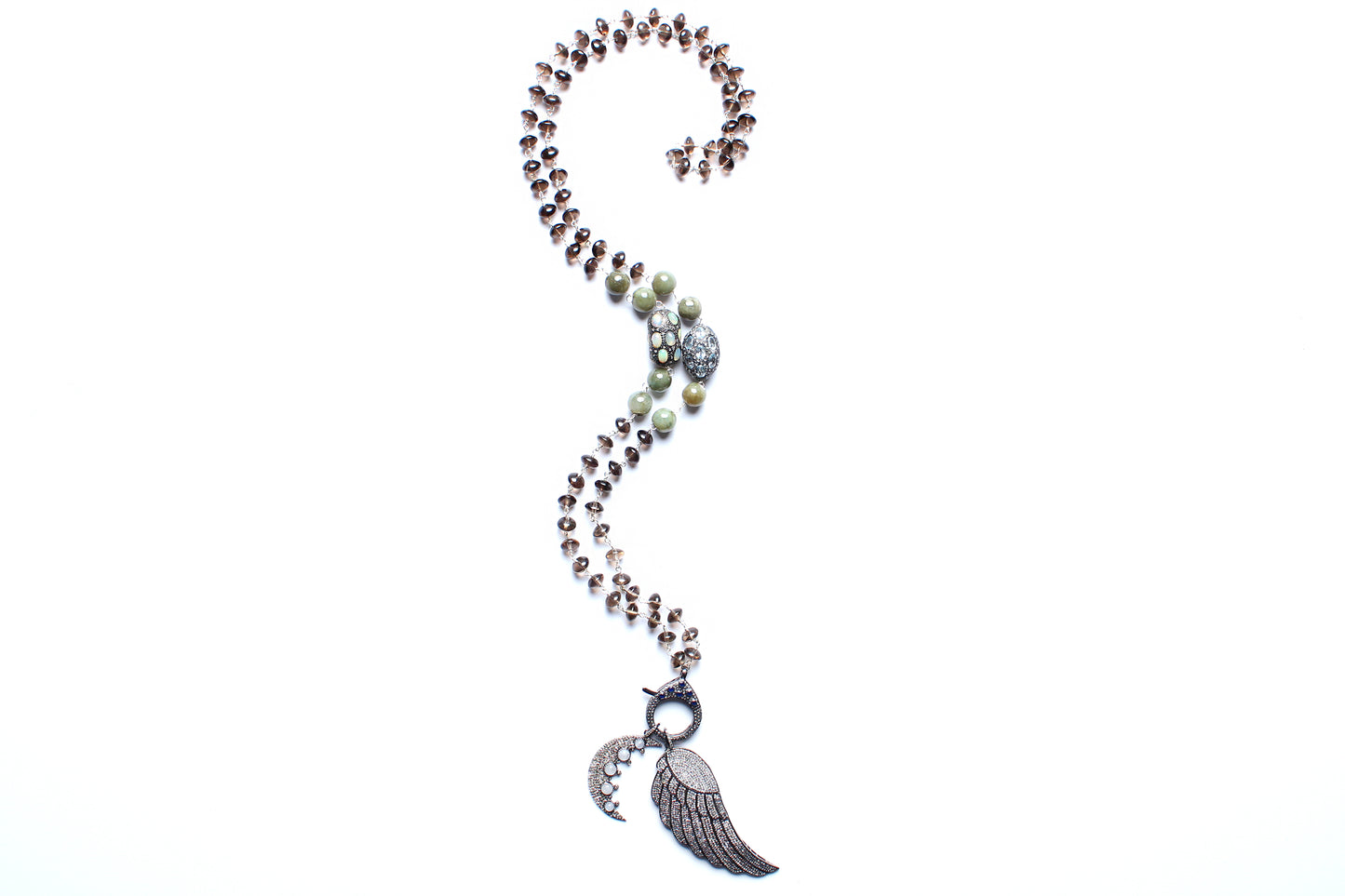Smoky Brown Quartz Sapphire Opal Topaz Diamond Wing Moon Pendant Rosary Necklace