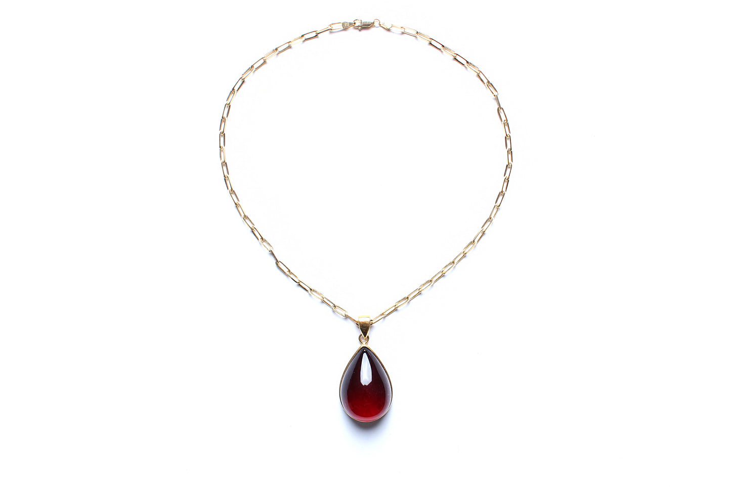 Stackable 14k Gold Silver Paperclip Gold Chain with Cherry Amber Pendant