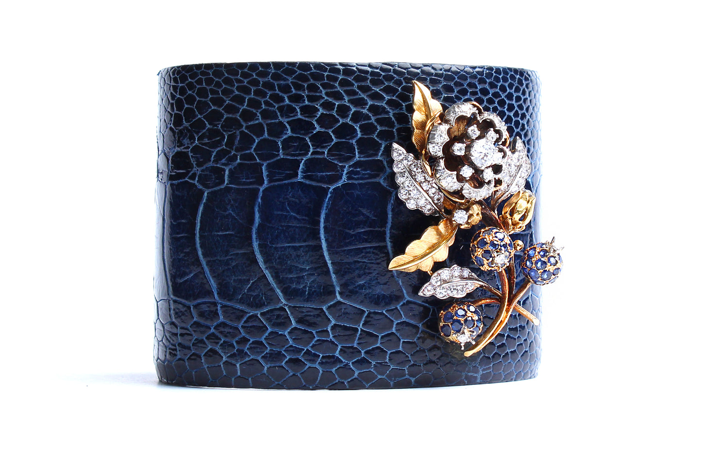 Crocodile Cuff 14k Gold Sapphire Diamond Flower Charm Cuff