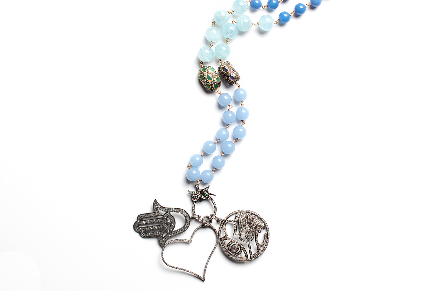Aquamarine Chalcedony Emerald Triple Diamond Pendant Rosary
