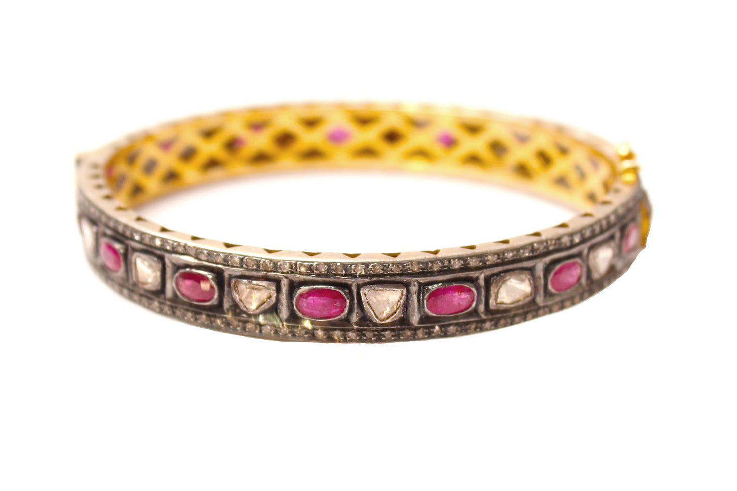 Rosecut Diamond and Rubies on Silver Bangle