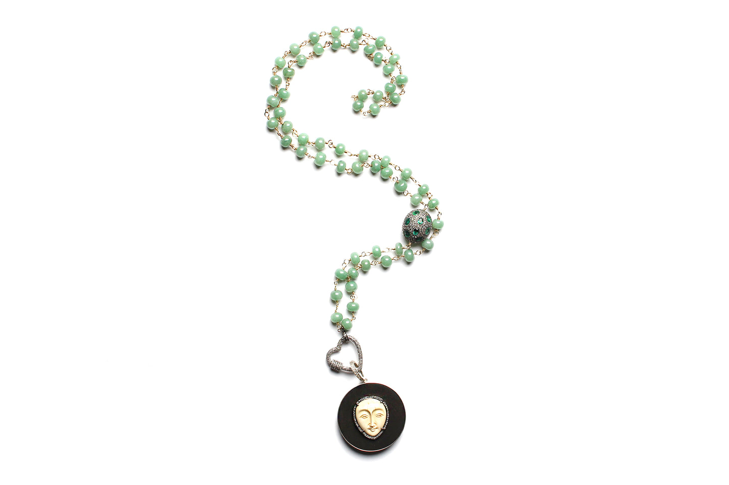 Green Agate Diamond Emerald Rosary & Moon Ebony Pendant