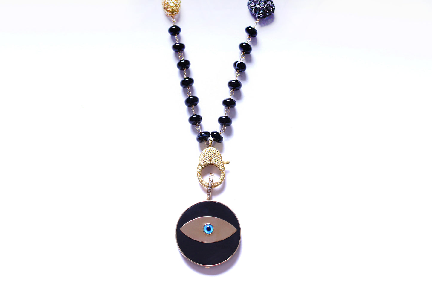 Black Smoky Agate Rosary 14k Gold Diamond Ebony Evil Eye Pendant Necklace