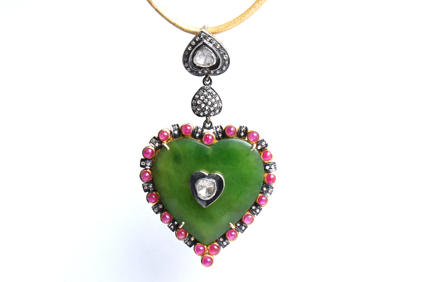 Emerald, Ruby, Rose Cut Diamond, 14 Karat Gold Heart Pendant