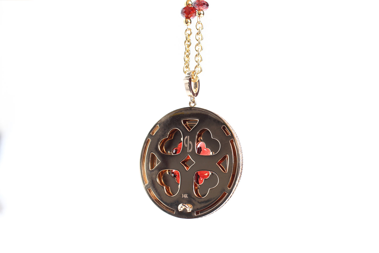 Signature Garnet Clover Diamond 14k SolidGold Medallion Pendant Necklace