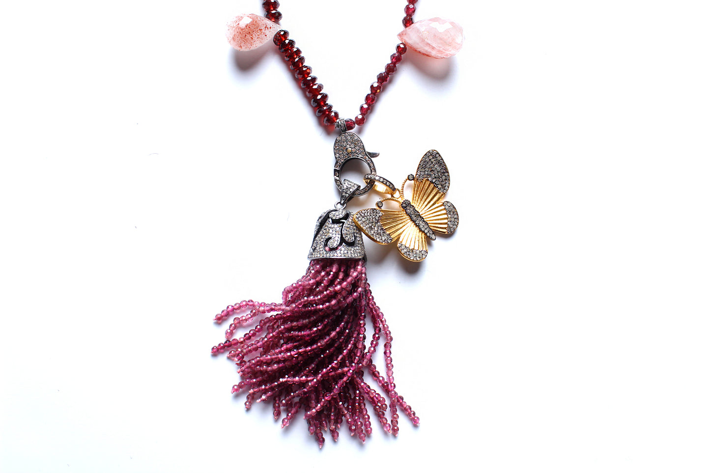 Garnet Rubelite Diamond Ruby 14k gold Butterfly Tassel Beaded Necklace