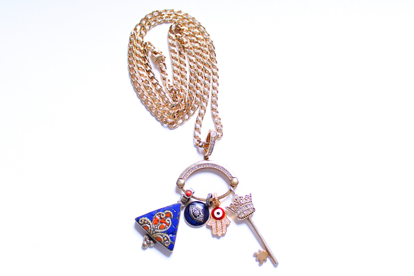 Gold Eye Shape Charm Holder Multi Charms on Solid 14k Gold Chain