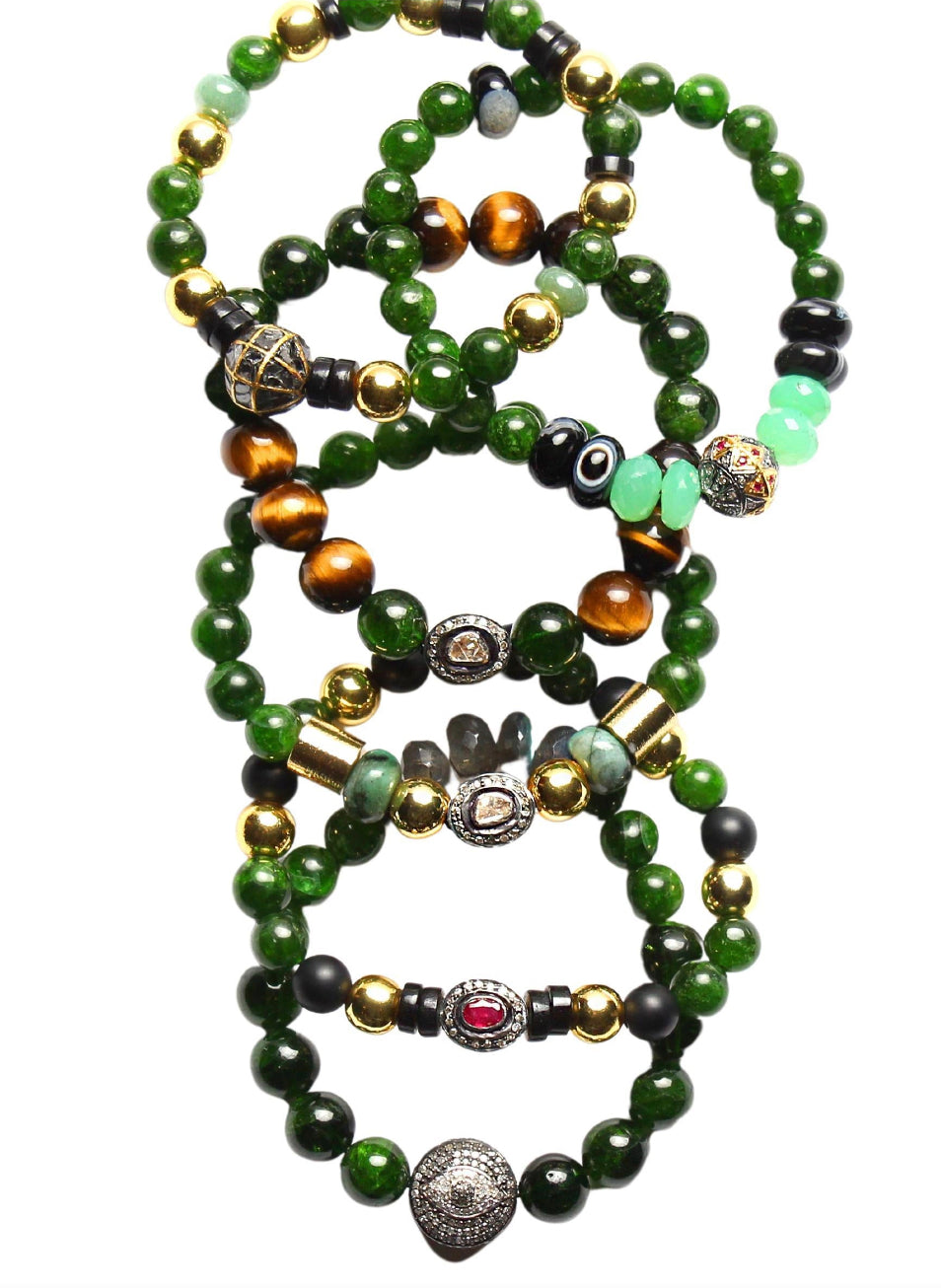 Diamond Ruby Gold Onyx Emerald Agate Beaded Bracelet Lot of 6