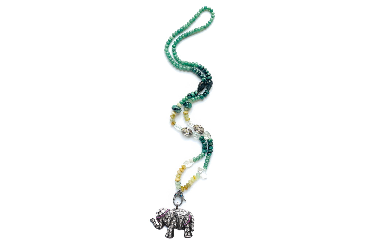 Jade Opal Moonstone Diamond Ruby Diamond Elephant Pendant Beaded Necklace