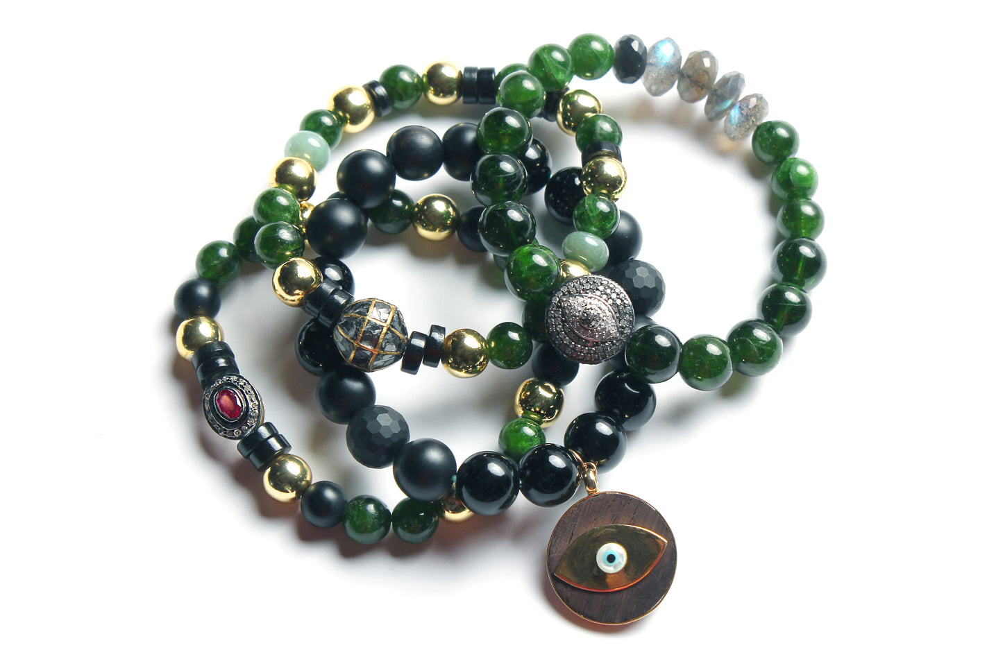Diamond Ruby Gold Onyx Emerald Agate Beaded Bracelet Lot of 6