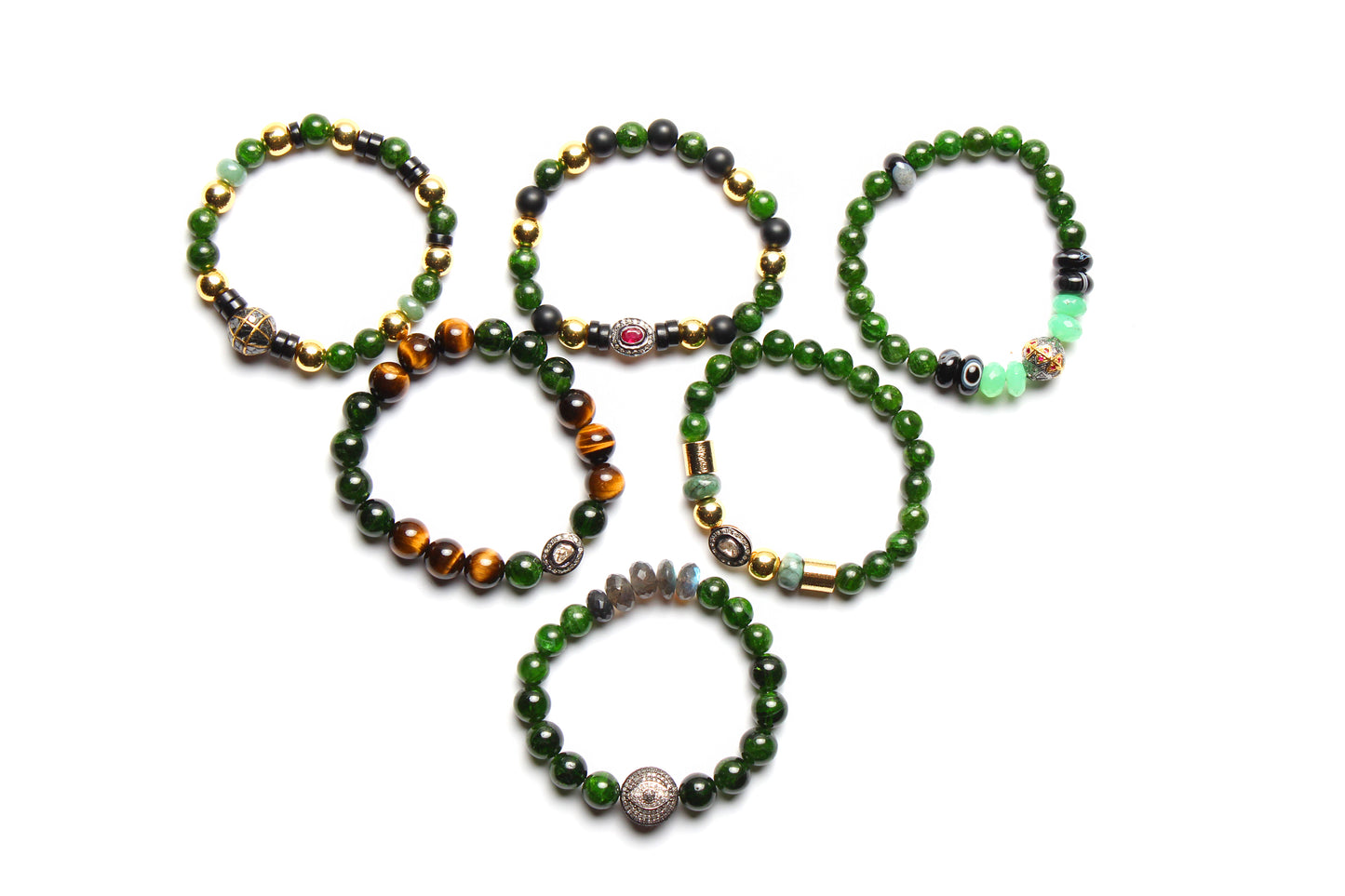Diamond Ruby Gold Onyx Emerald Agate Beaded Bracelet Lot of 6