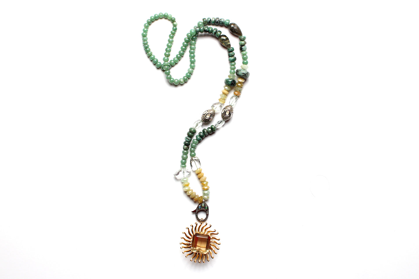 Polki Diamond Opal Jade Moonstone Diamond Citrine Sun Pendant Beaded Necklace
