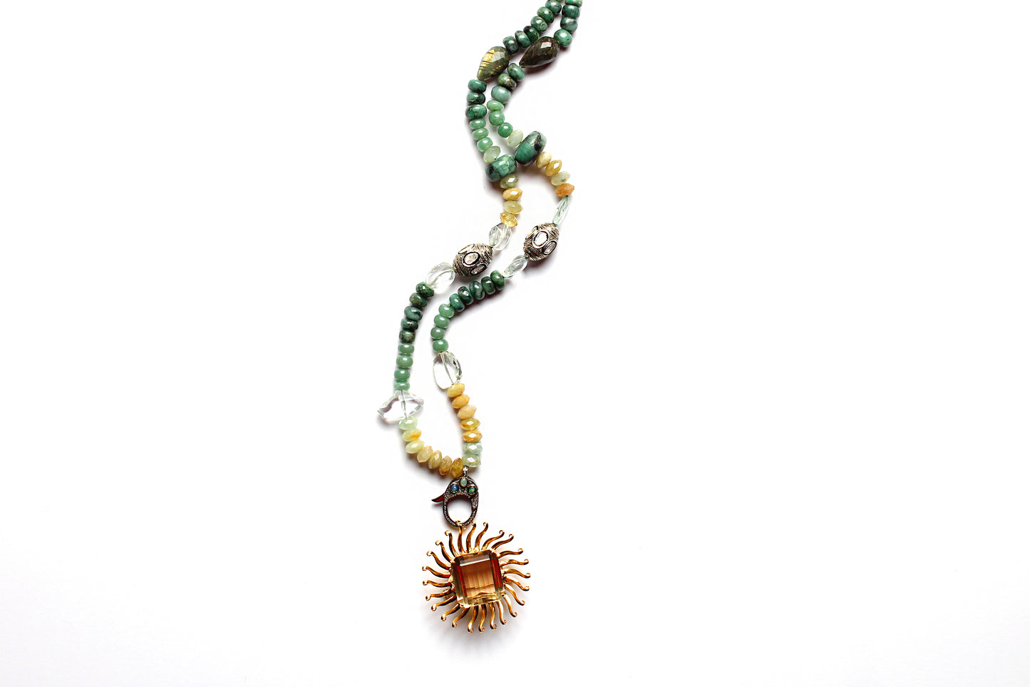 Polki Diamond Opal Jade Moonstone Diamond Citrine Sun Pendant Beaded Necklace