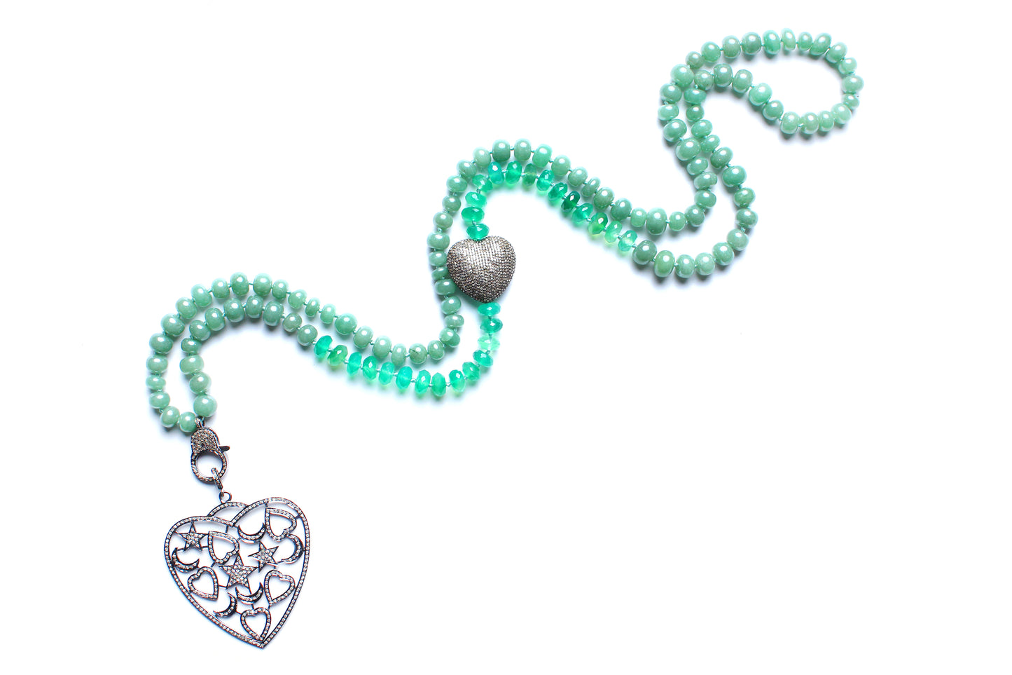 Green Agate, Jade, Diamond Heart Pendant Beaded Necklace