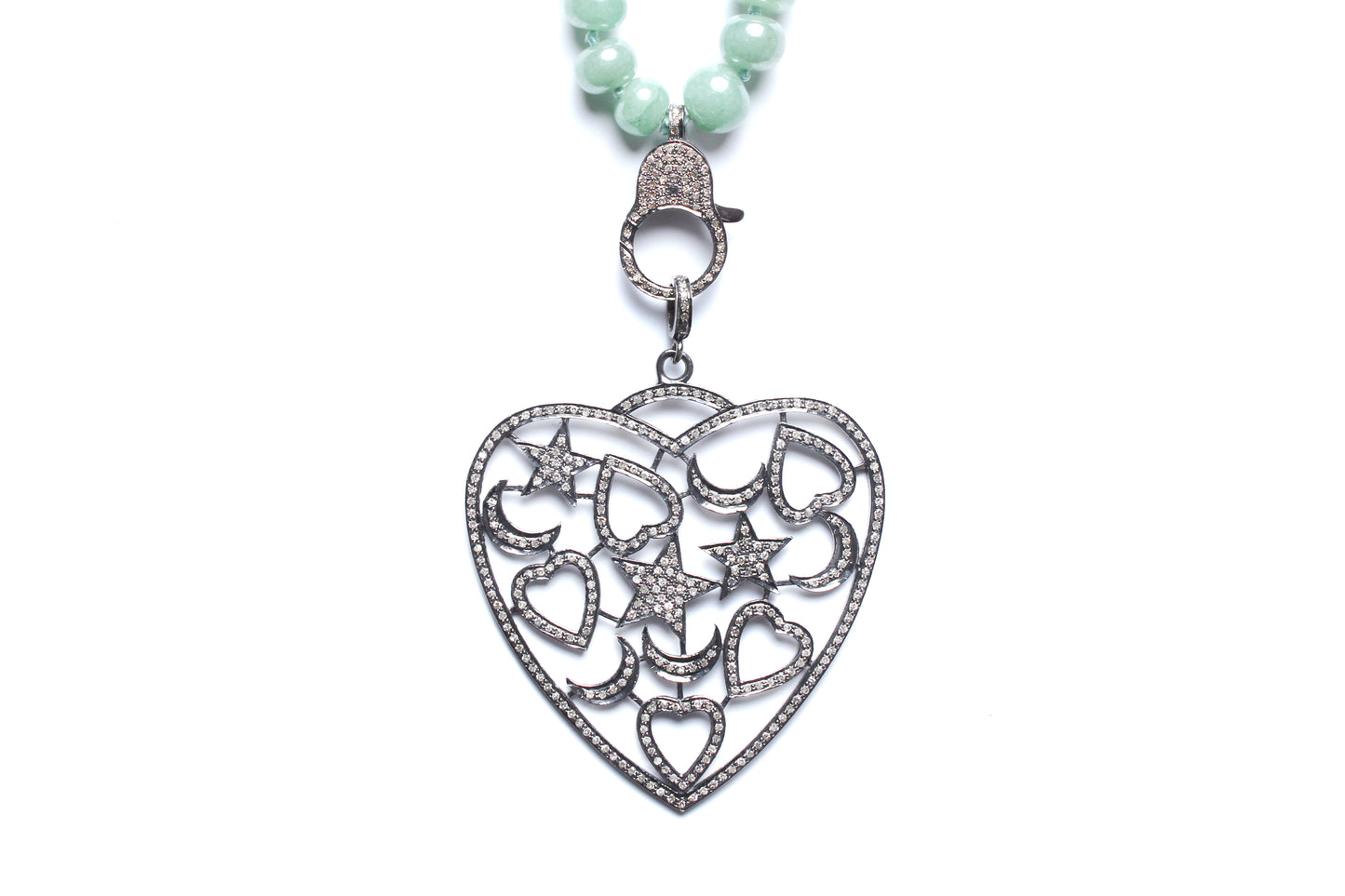 Green Agate, Jade, Diamond Heart Pendant Beaded Necklace