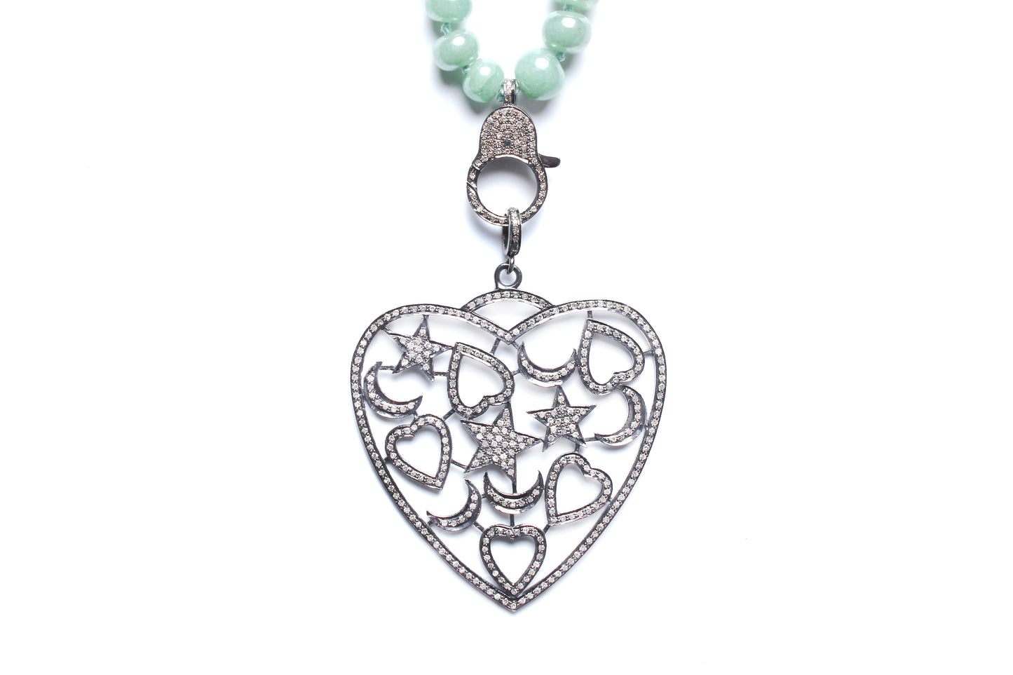 Green Agate, Jade, Diamond Heart Pendant Beaded Necklace