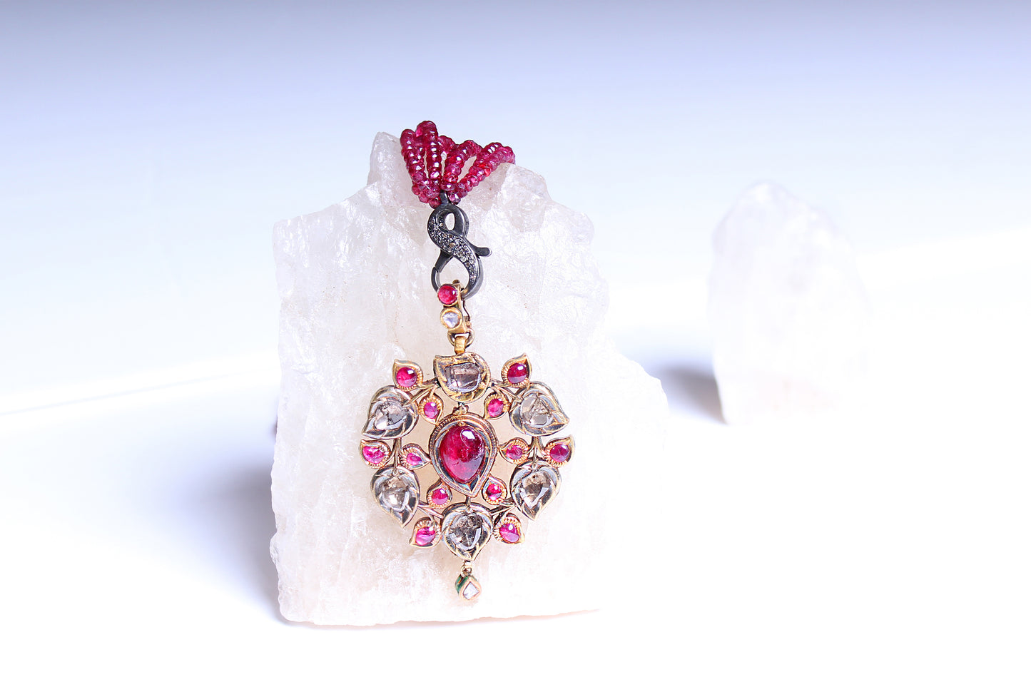 Vintage Detailed Ruby Crystal Diamond Gold Pendant