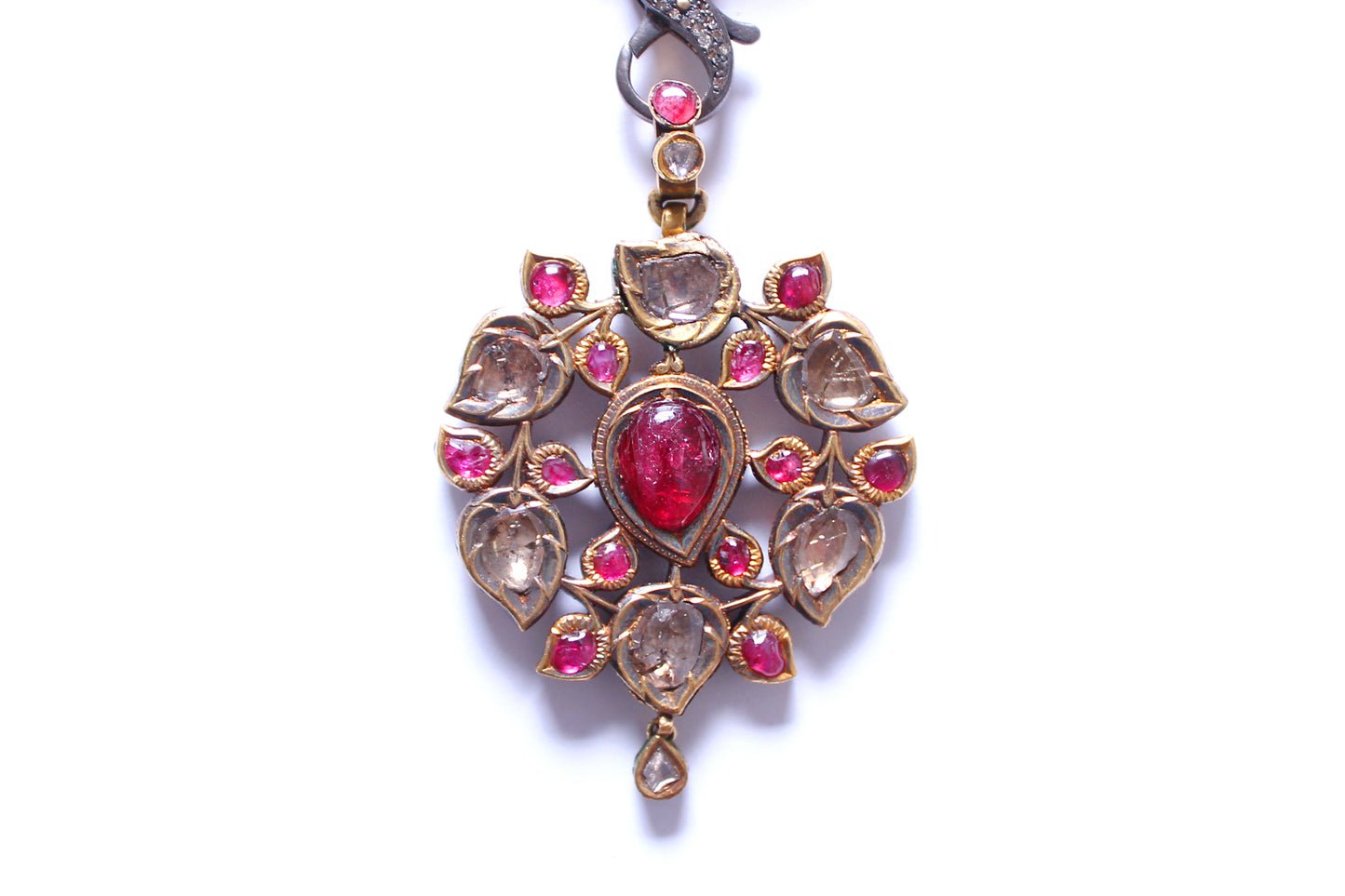 Pink Agate Diamond Crystal Ruby Indian Detailed Vintage Pendant Beaded Multi Strand Necklace
