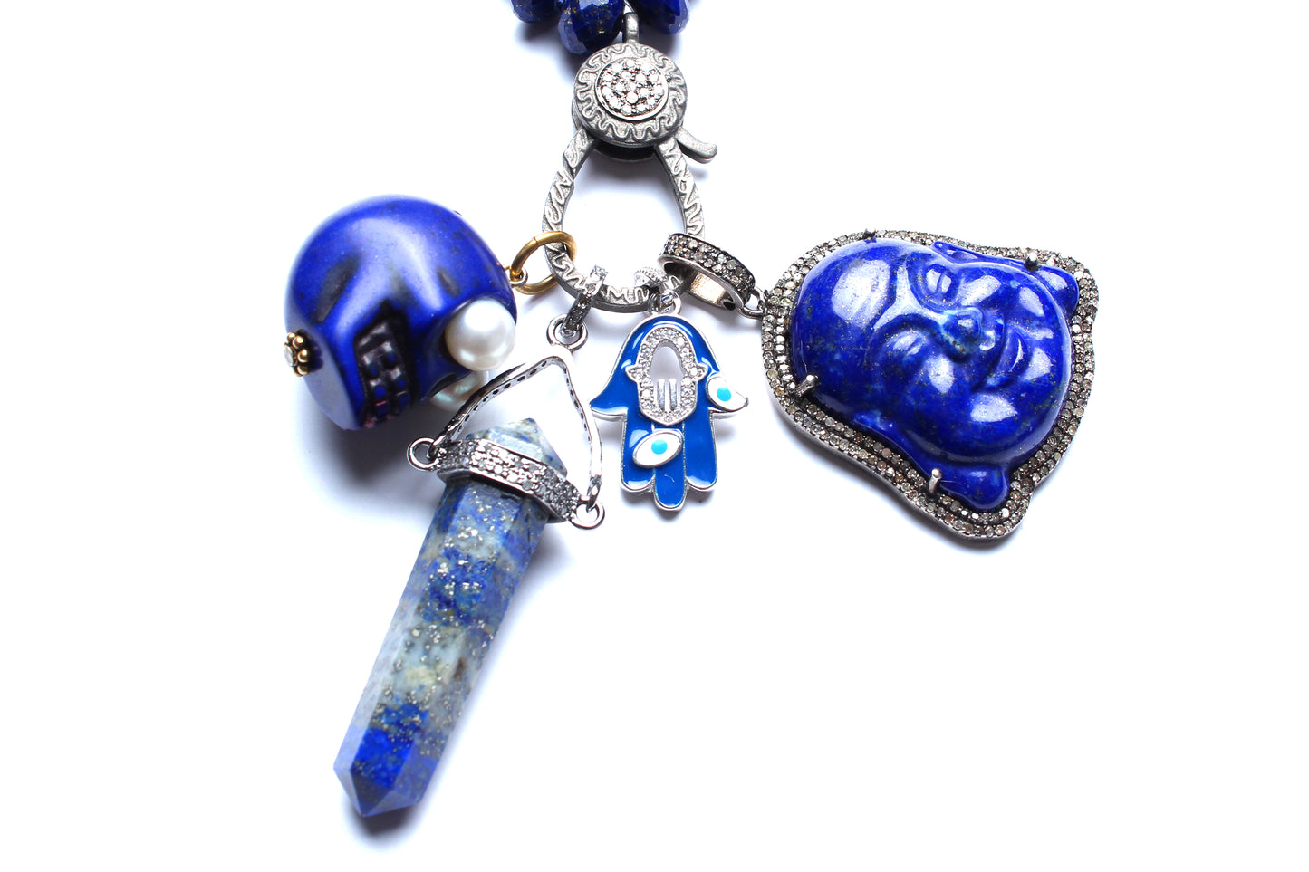 Lapis, Sapphire, Diamond, Silver Multi Charm Beaded Necklace