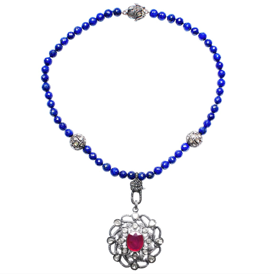Lapis Rose Cut Diamond Vintage Ruby Pendant Beaded Necklace