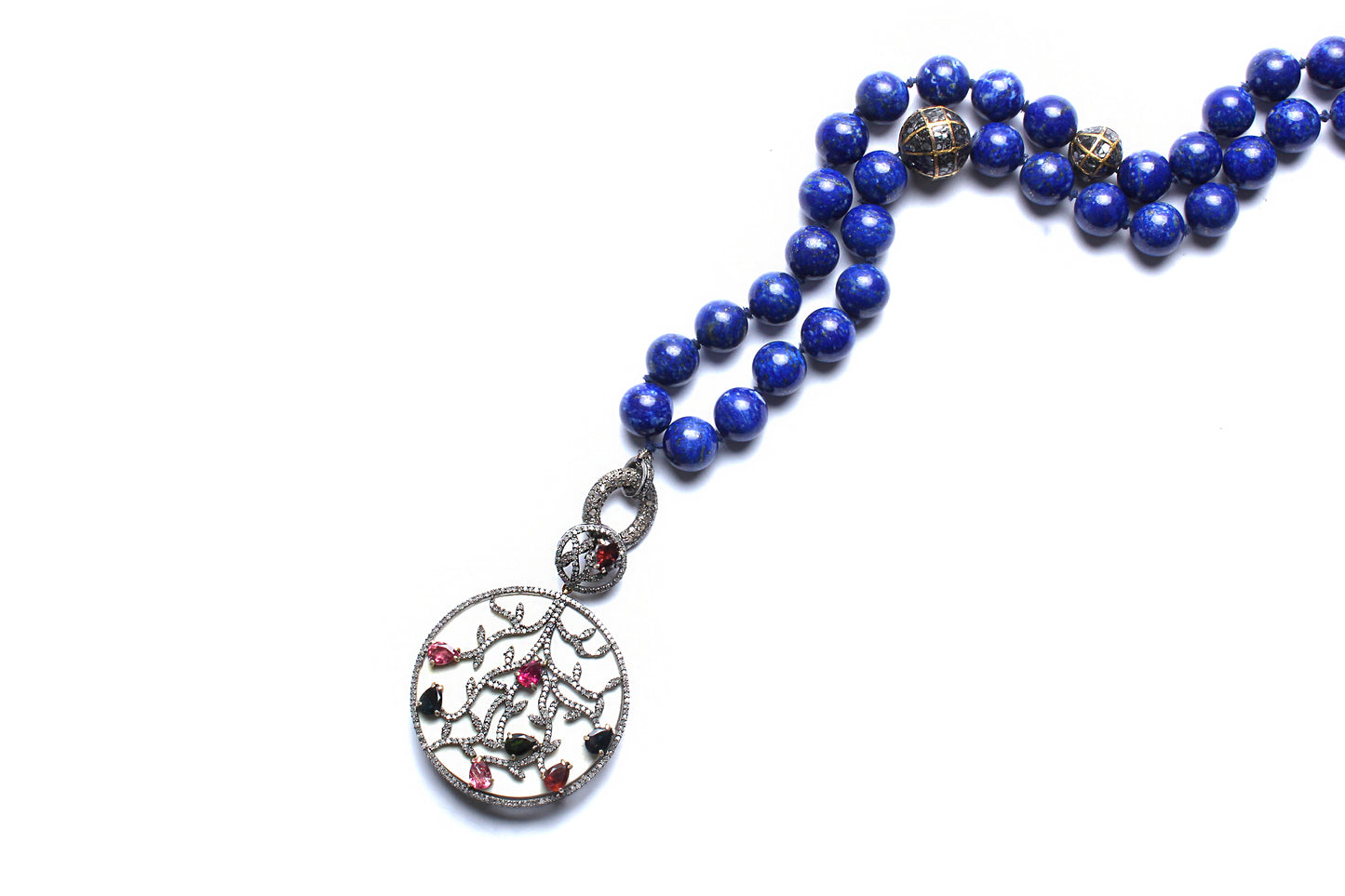 Lapis, Diamond, Ruby, Emerald Beaded Necklace
