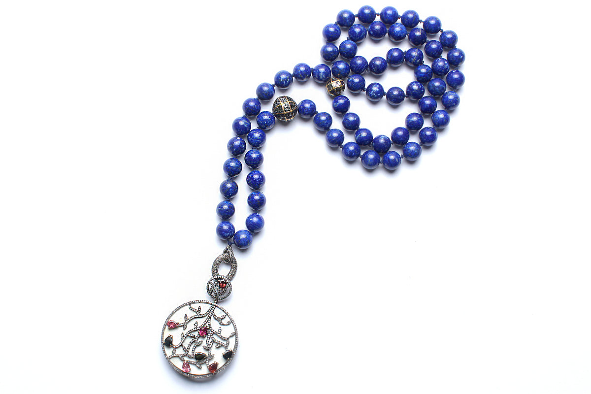Lapis, Diamond, Ruby, Emerald Beaded Necklace